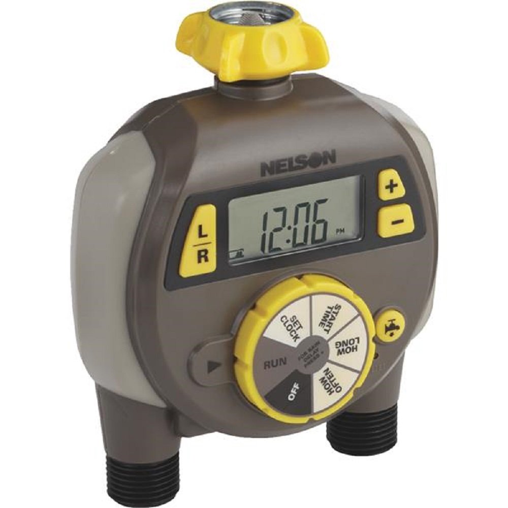 Nelson dual outlet timer front view showing large LCD display and easy programming