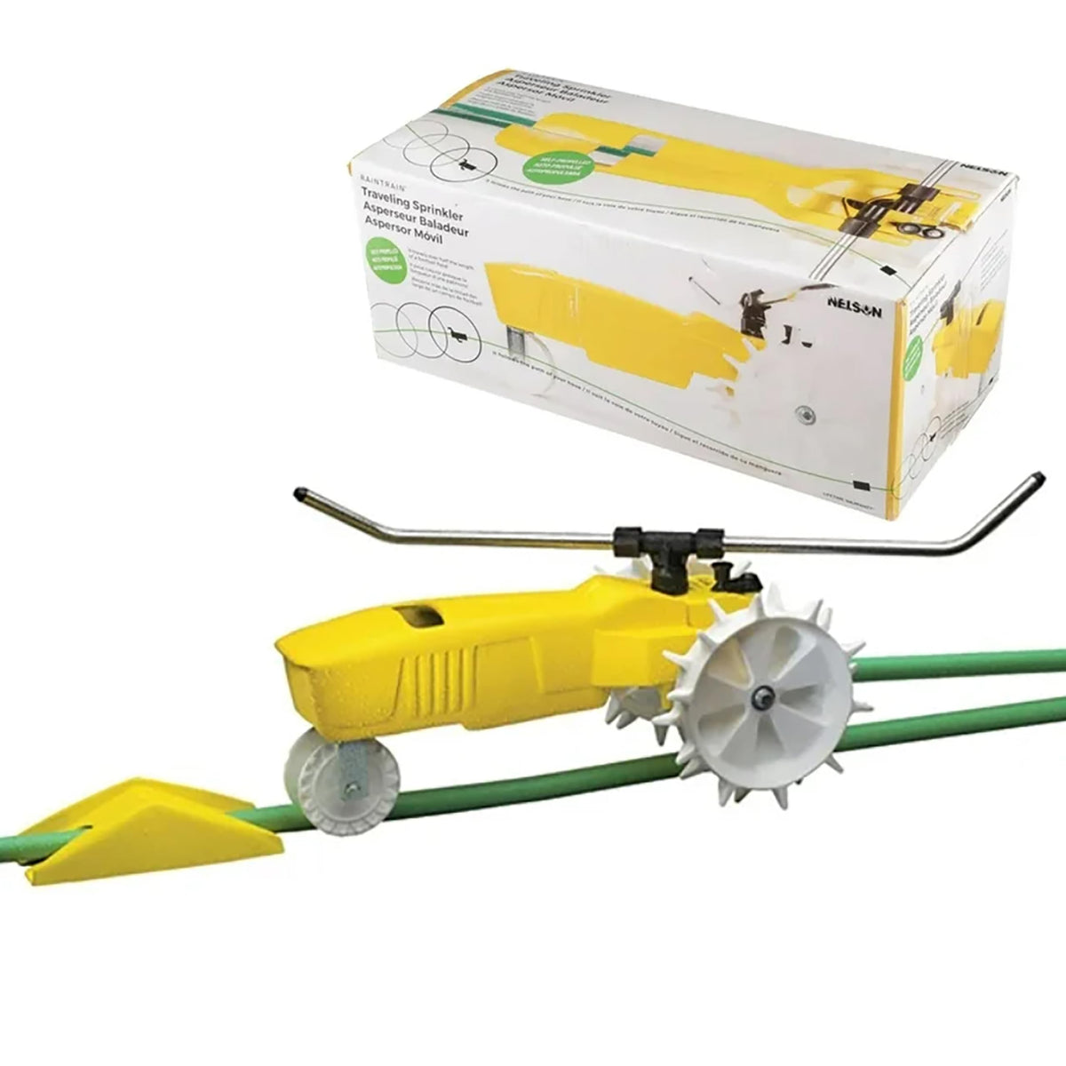 Nelson Rain Train front view showing sprinkler ready-to-use and durable operation