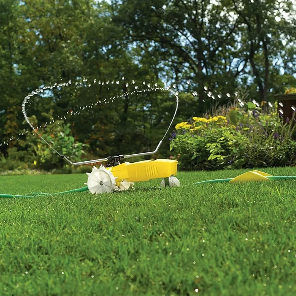 Nelson Rain Train watering a large lawn showing broad, even garden coverage