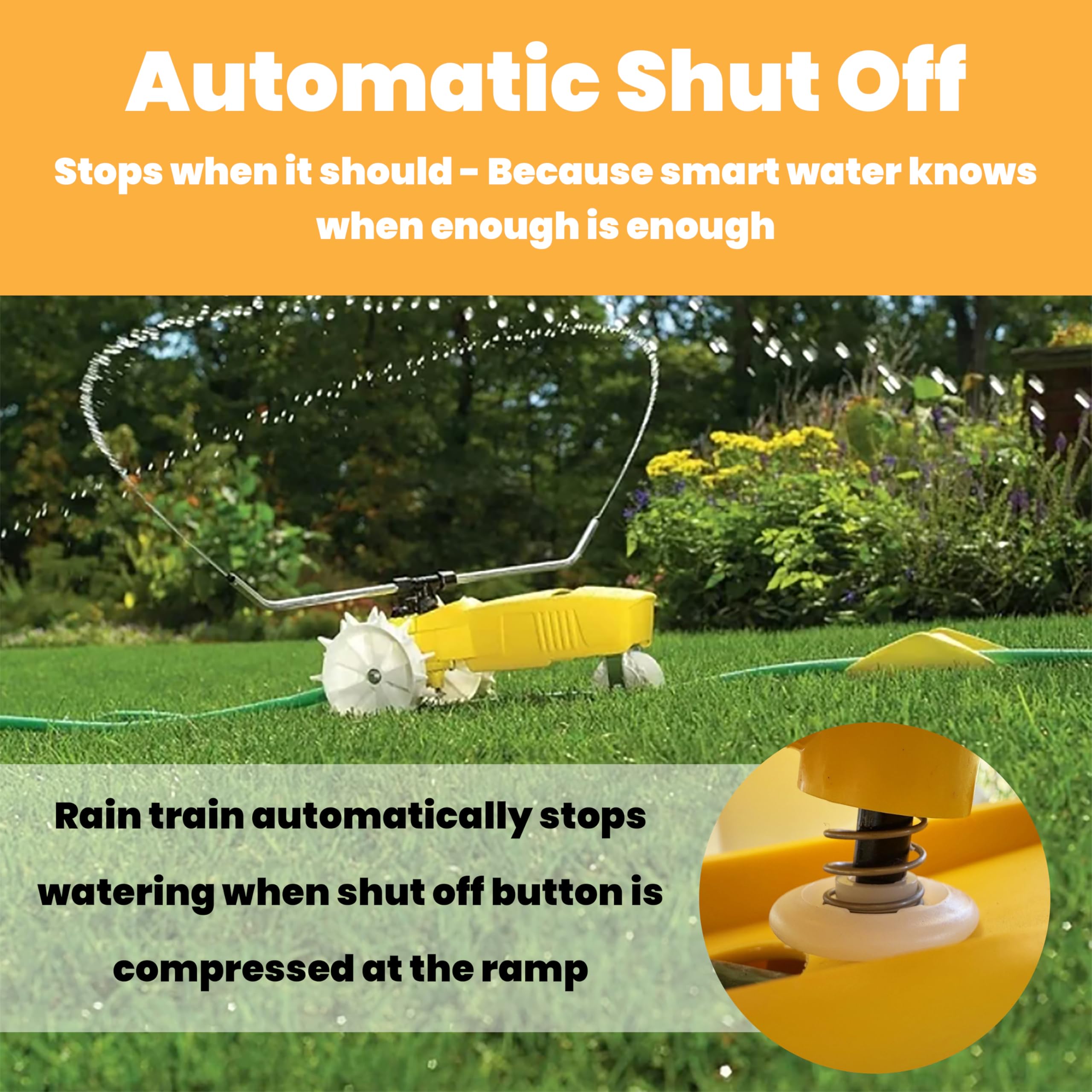 Nelson Rain Train traveling along a hose in a yard demonstrating hands-free watering