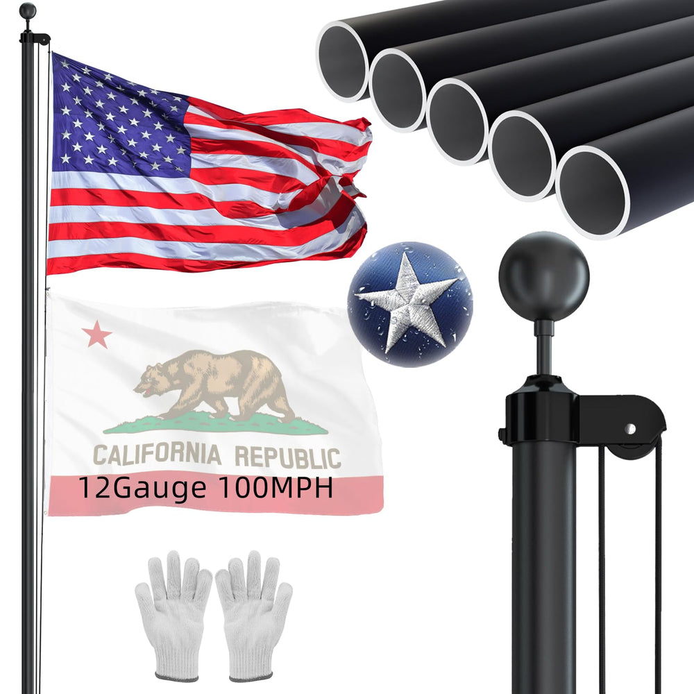NELXINJO front view of 25ft black aluminum flagpole showing stable upright display