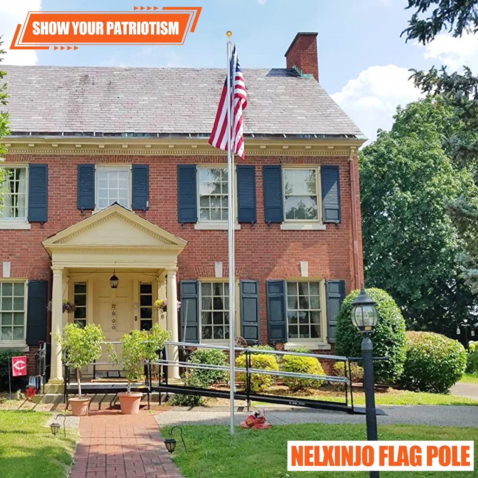NELXINJO flagpole fly in front yard lifestyle scene showing professional presentation