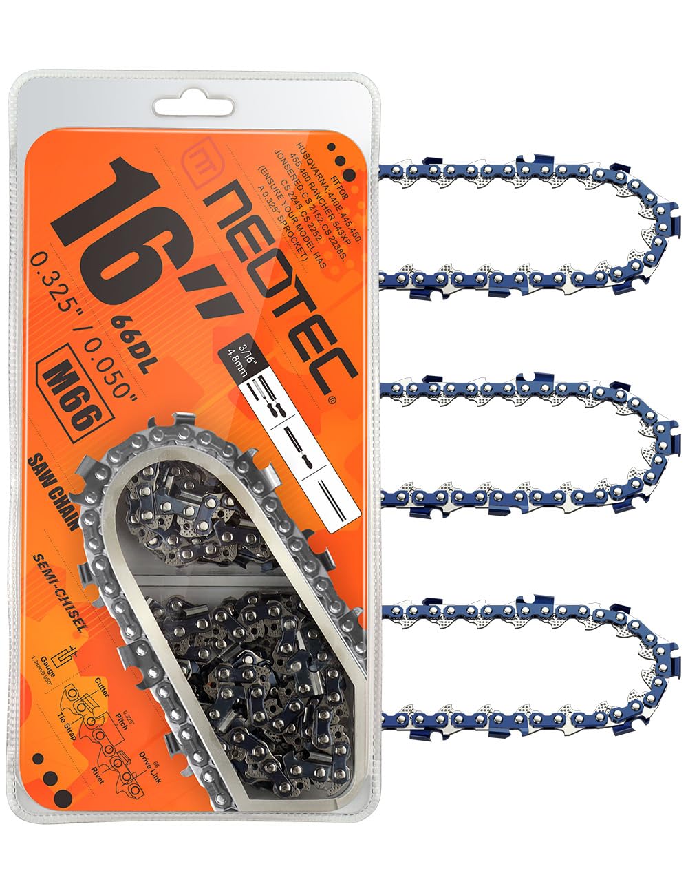 NEO-TEC front pack showing three 16-inch chains and model details for easy buying