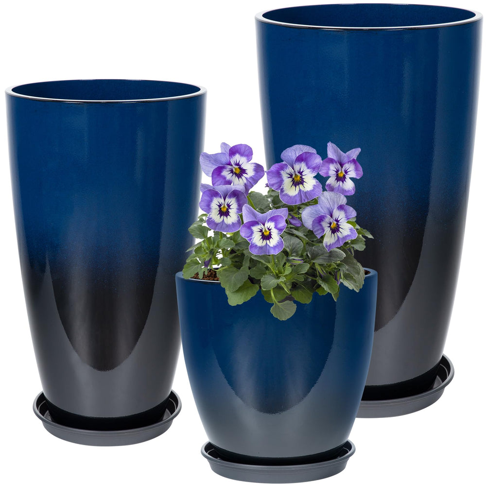 Neoaider front view of three dark blue planters shows cohesive aesthetic and curb appeal