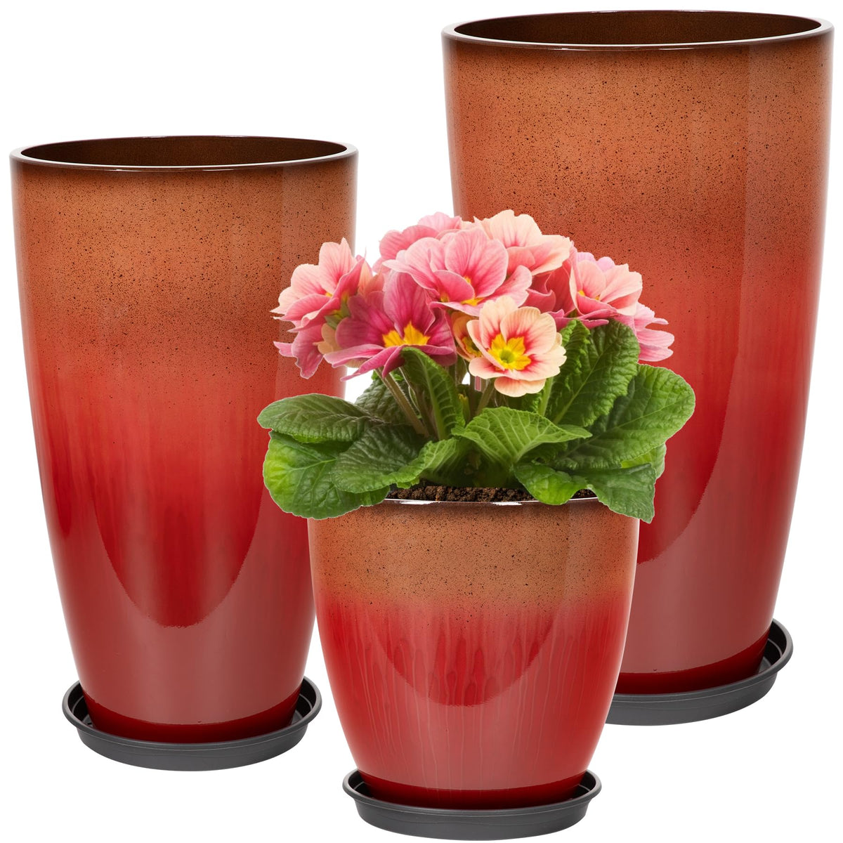 Neoaider front view of three Firey Red planters showing elegant tapered silhouettes and vibrant color benefits