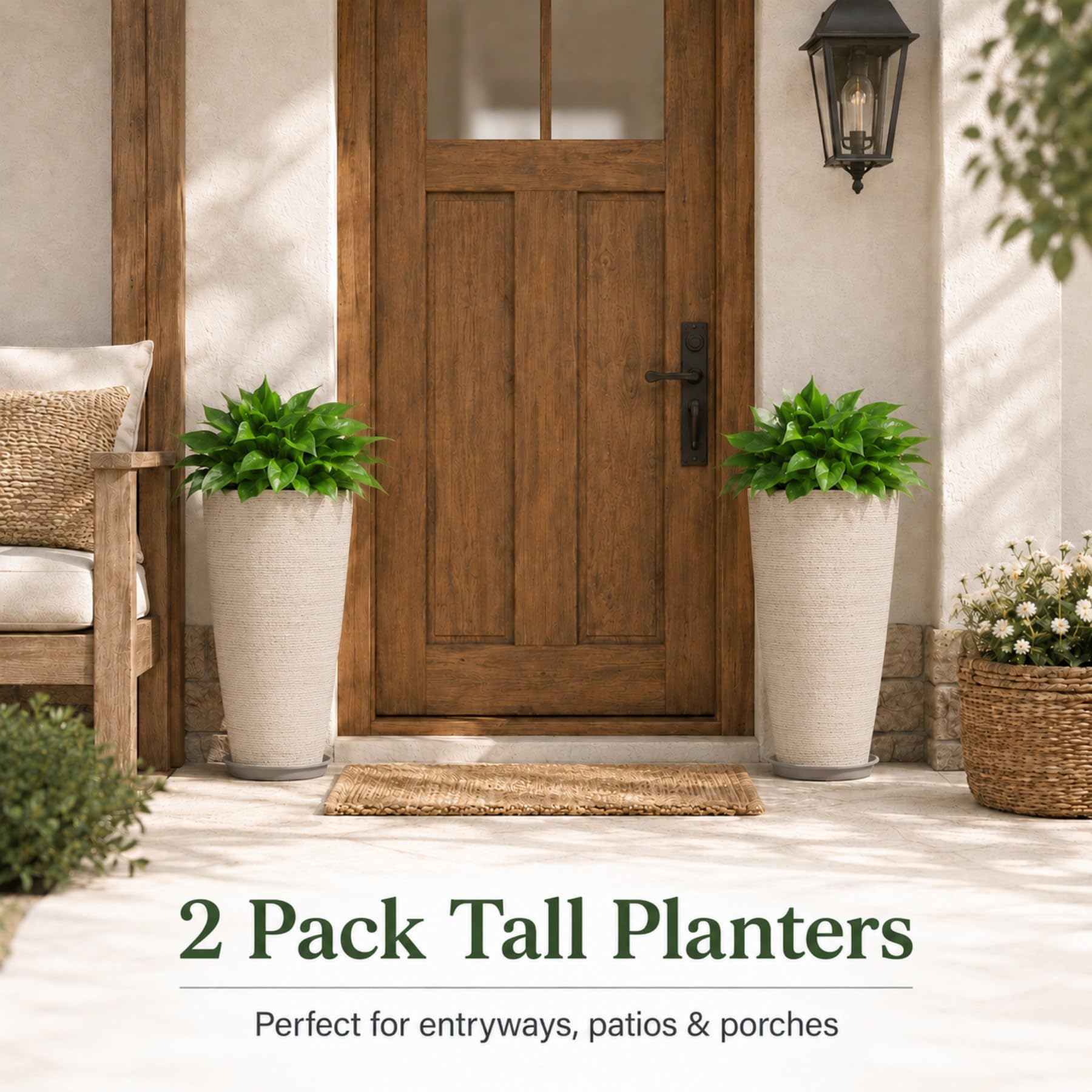 Neoaider pair on patio with thriving plants adding height and curb appeal
