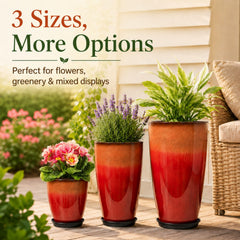 Neoaider three planters side-by-side to show 24, 21, 12 inch height difference for layered styling benefit