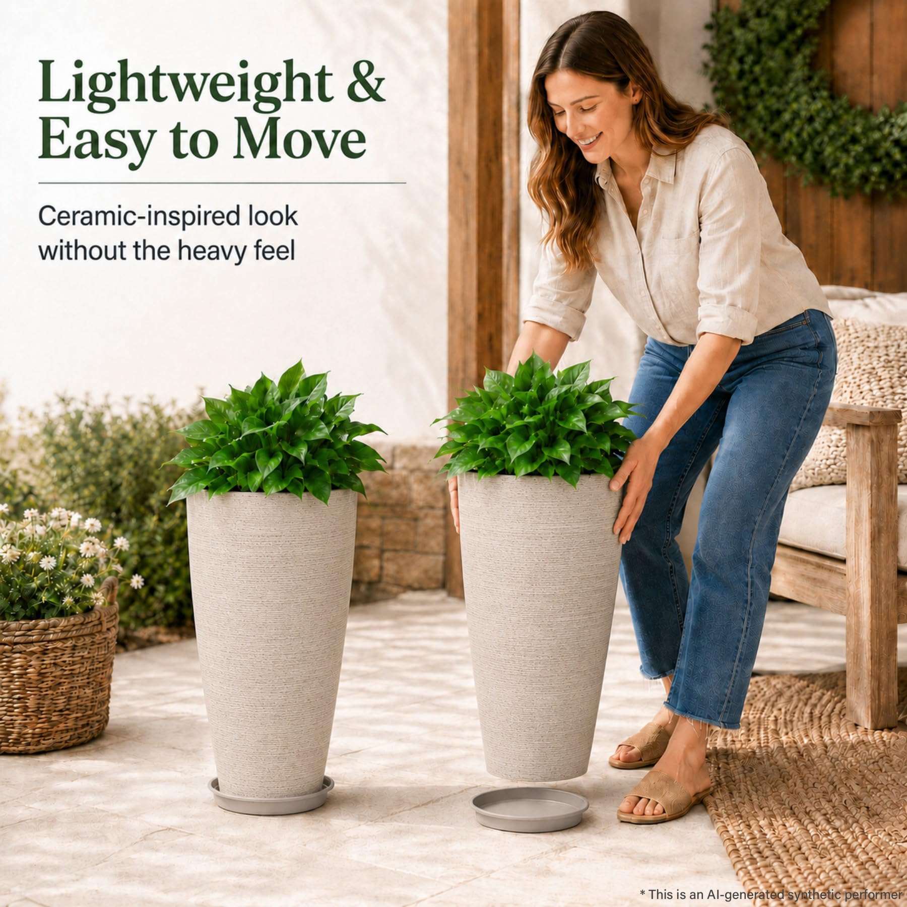 Neoaider stacked planters demonstrating lightweight design for easy storage