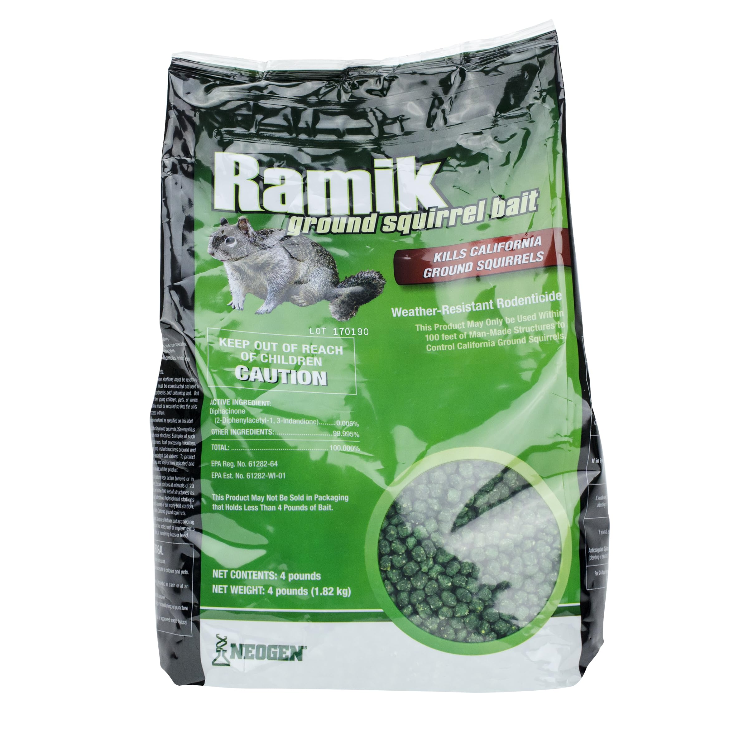 Neogen front pouch showing label and 4 lb size, highlights durable weather-resistant pellets