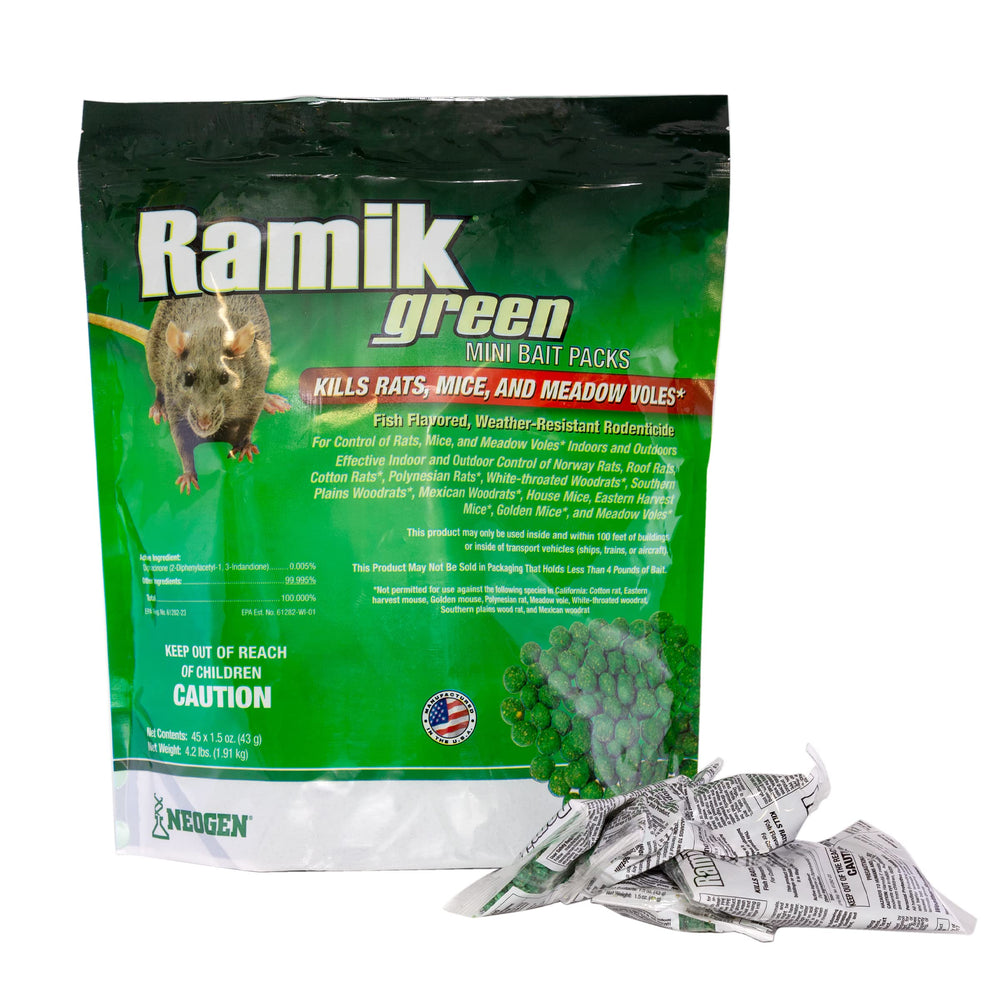 Neogen Ramik Green front packaging showing 4.2 lb bag and label benefits