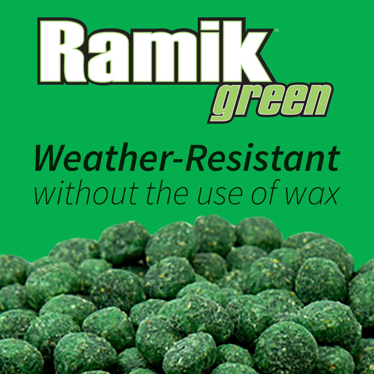 Neogen Ramik Green close-up of fish-flavored pellet texture ensures weather-resistant feeding