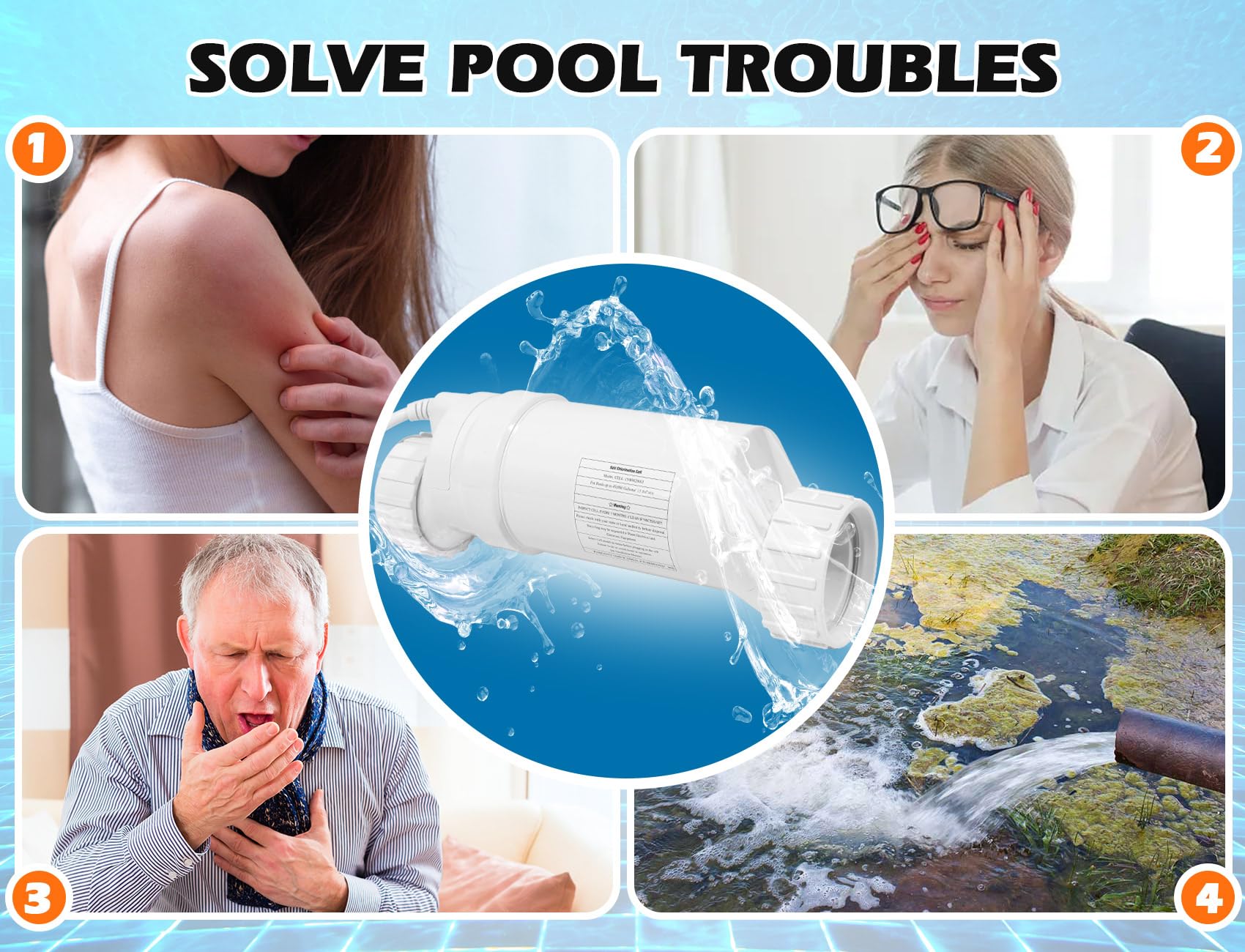 NeoKaleido T-15 lifestyle pool setting showing clear backyard pool and reduced chemical handling benefit
