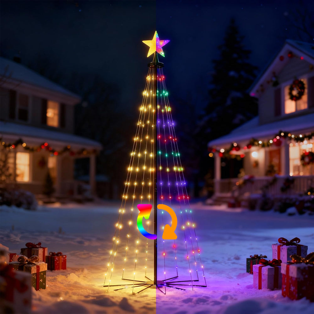 NEOLITHX cone tree front view showing prelit LEDs creating festive curb appeal