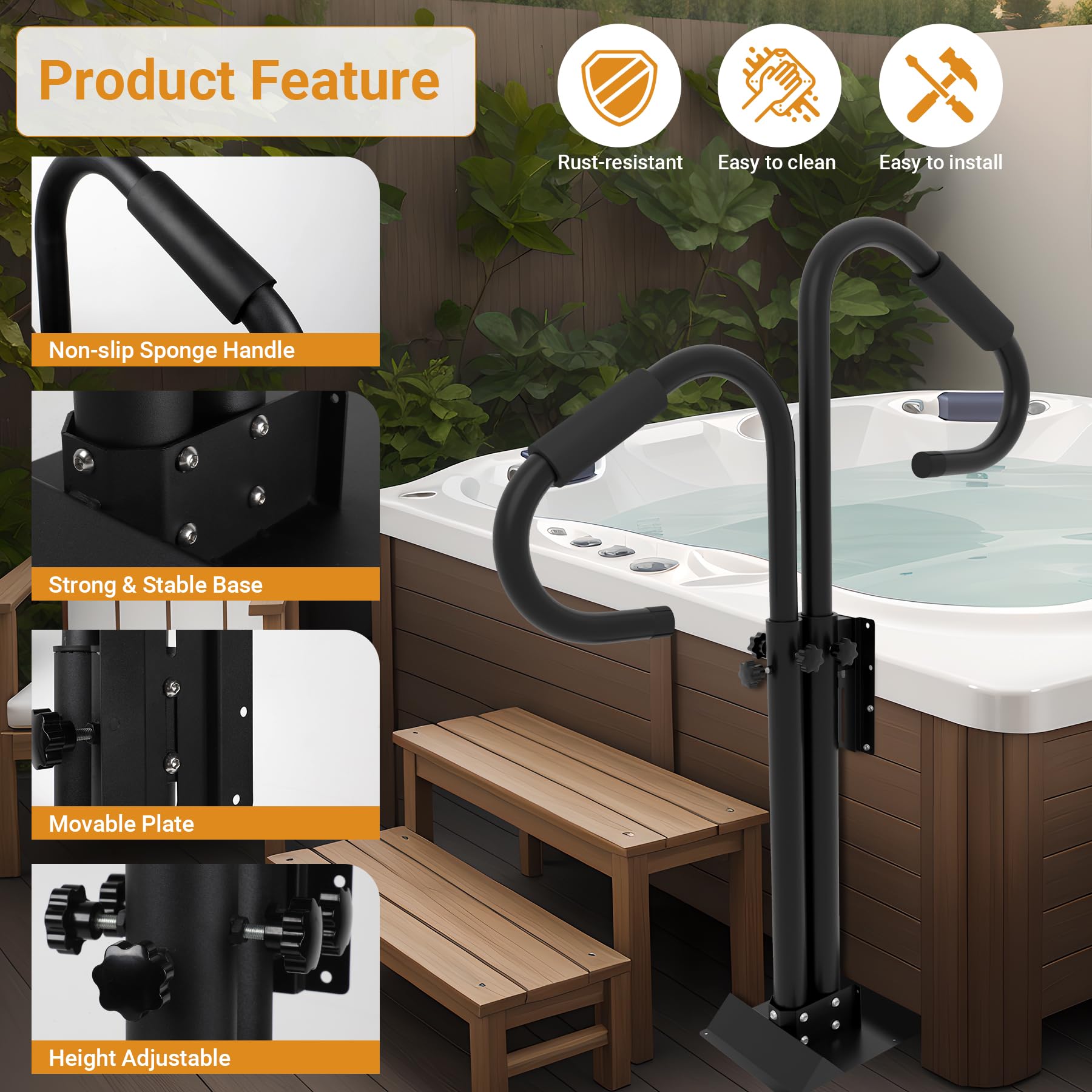Neorexon in-use image of person entering hot tub with secure handrail