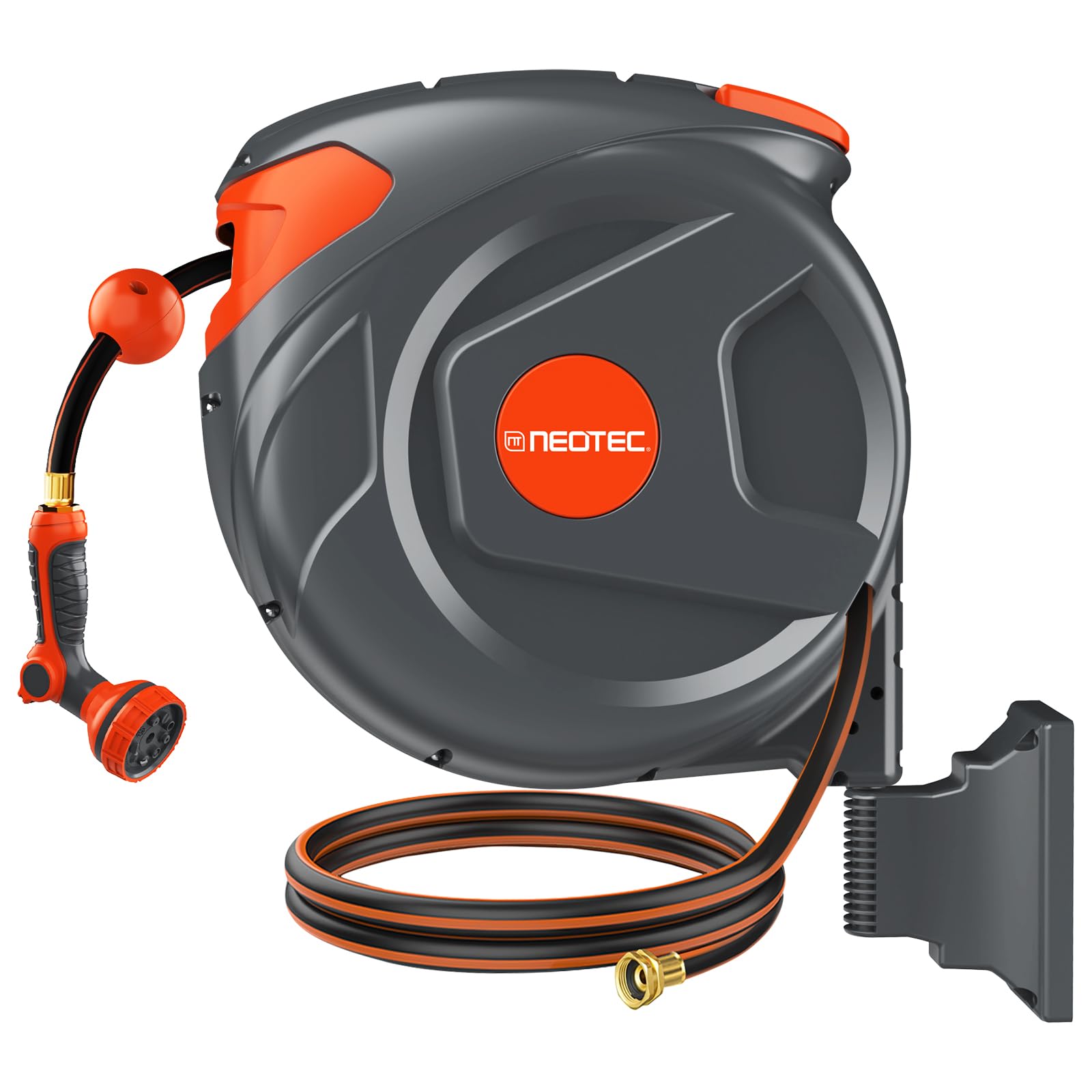 NEOTEC front view of wall-mounted retractable hose reel showing neat storage benefit