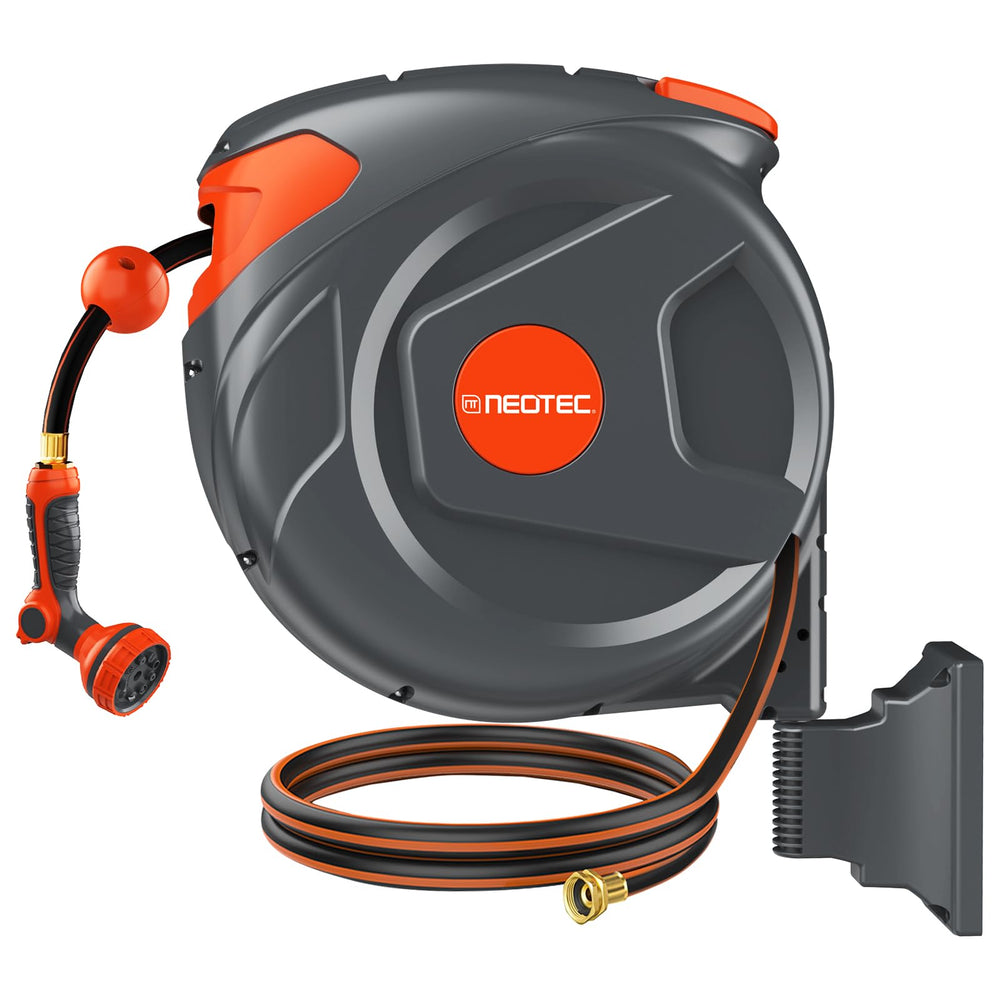 NEOTEC front view of wall-mounted retractable hose reel showing neat storage benefit