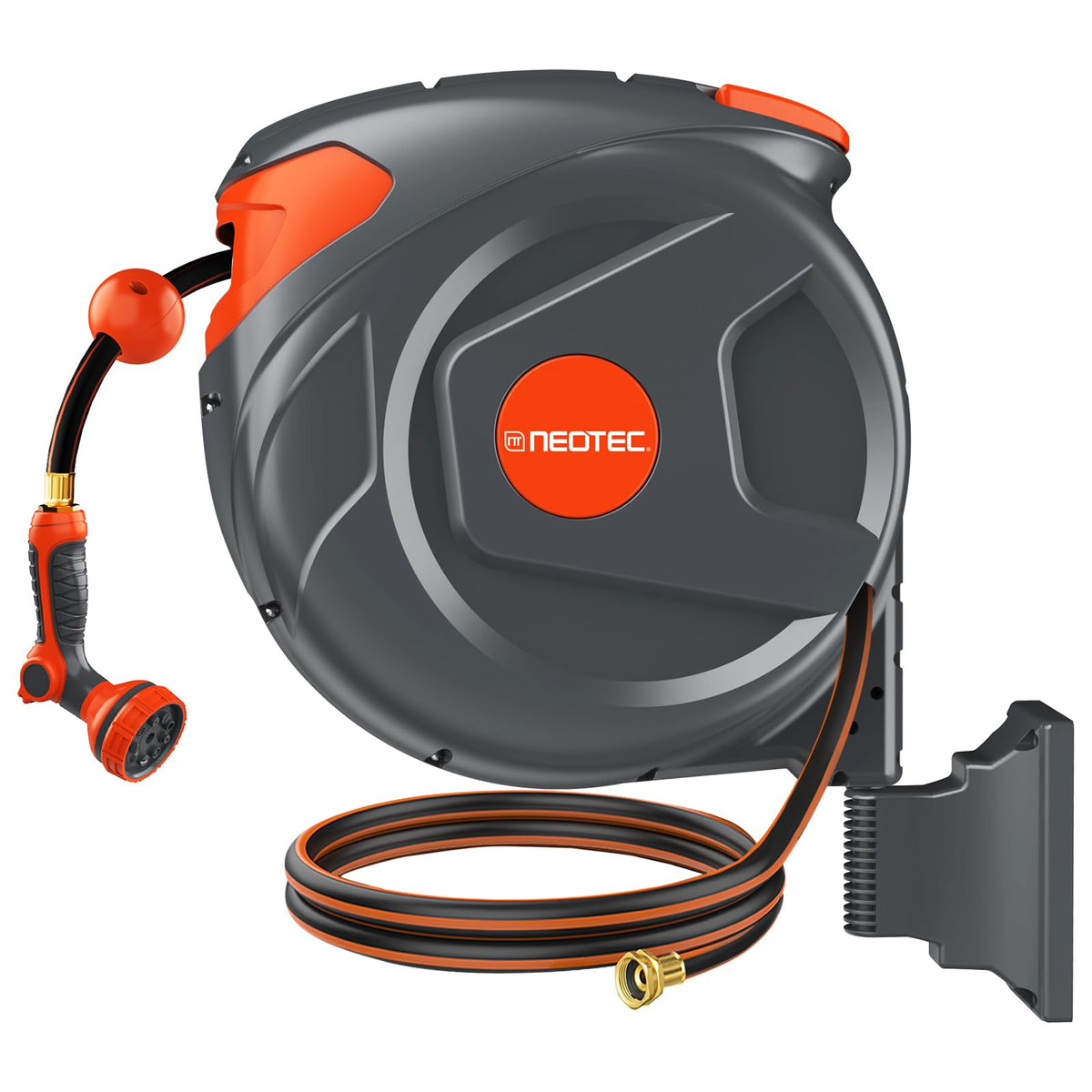 NEOTEC front view of wall-mounted retractable hose reel showing neat storage benefit