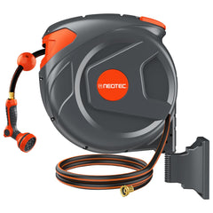 NEOTEC front view of wall-mounted retractable hose reel showing neat storage benefit