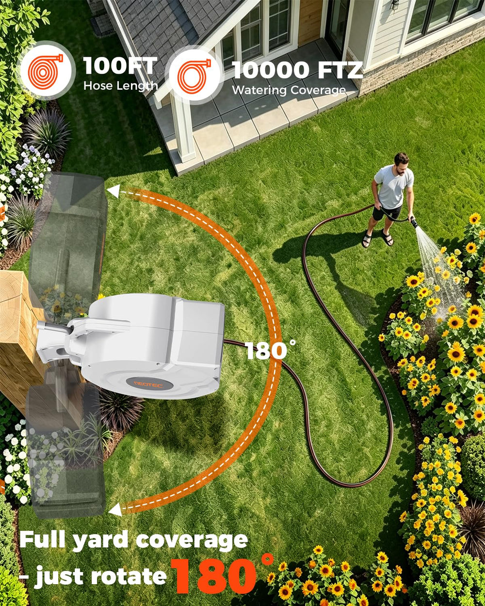 NEOTEC wall‑mounted reel with person for scale and coverage benefit