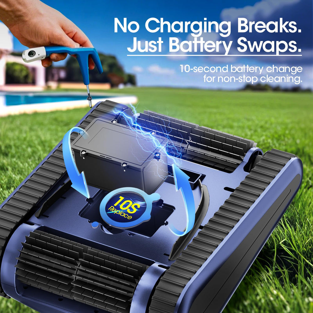 Nepturox in a backyard pool lifestyle shot highlighting quiet automated cleaning