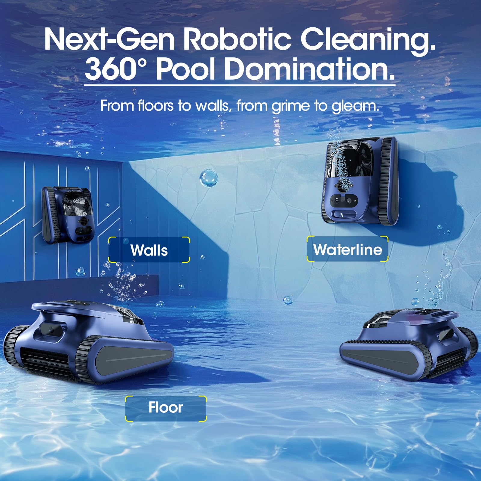 Nepturox climbing pool wall demonstrating waterline cleaning for complete coverage
