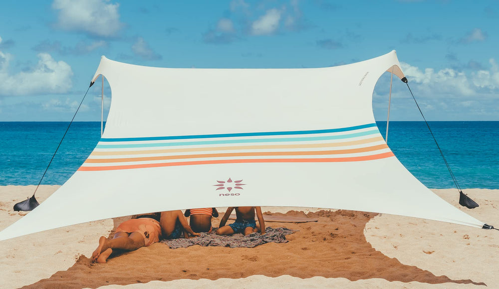 Neso front view rainbow canopy showing full shade and easy setup benefit