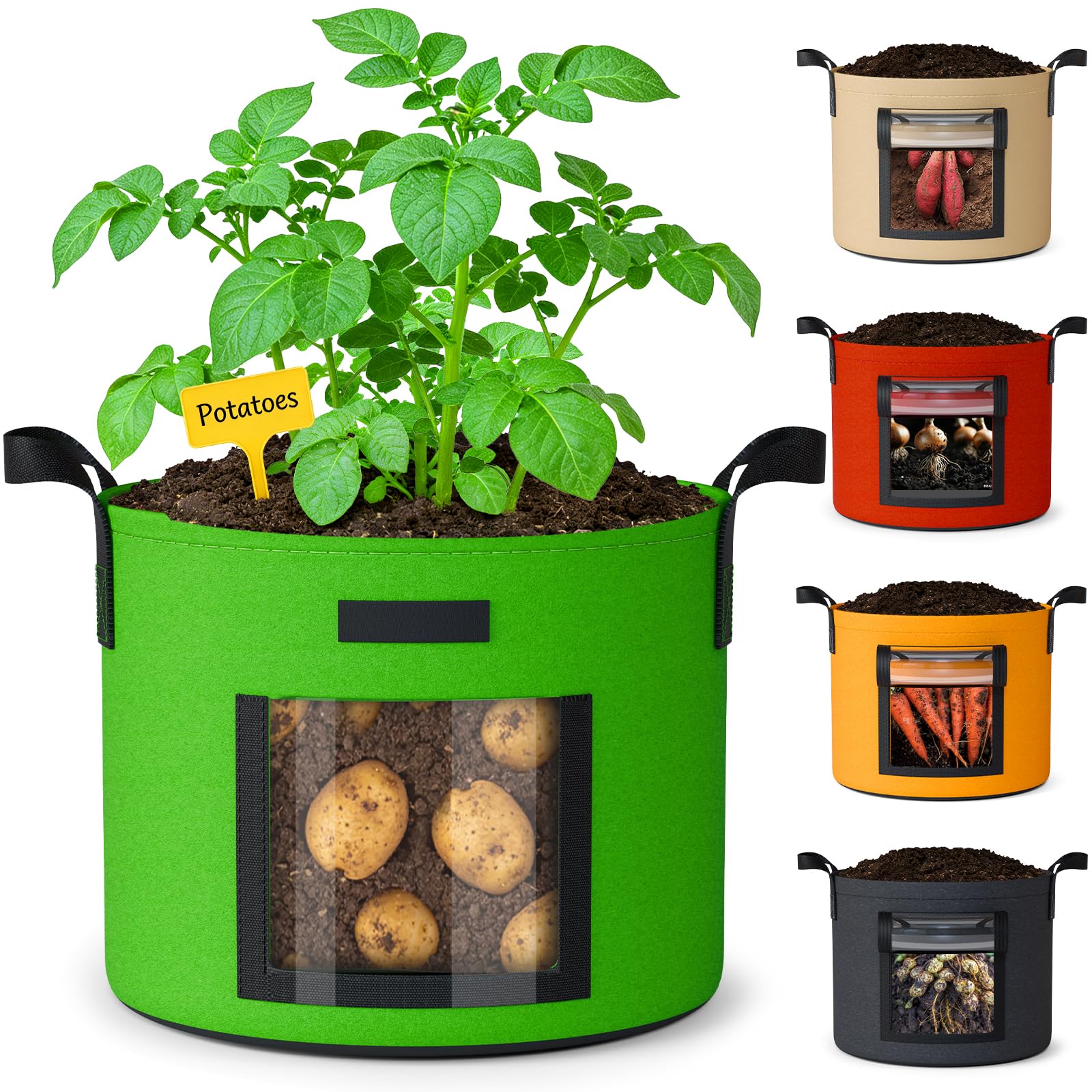 NESSTU front view showing five colorful grow bags and organized planting