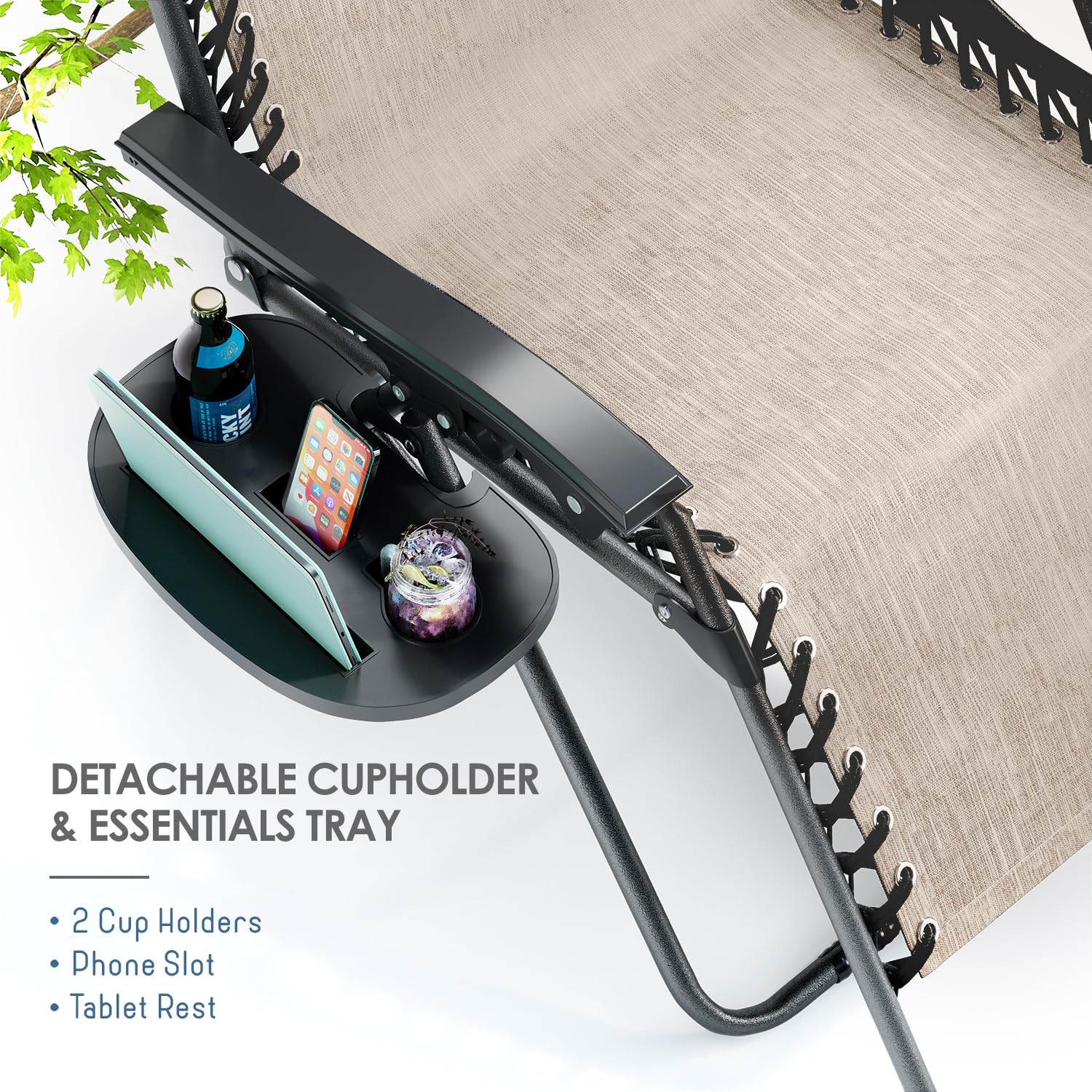 Nestl detachable tray with cup holders keeping drinks and devices handy