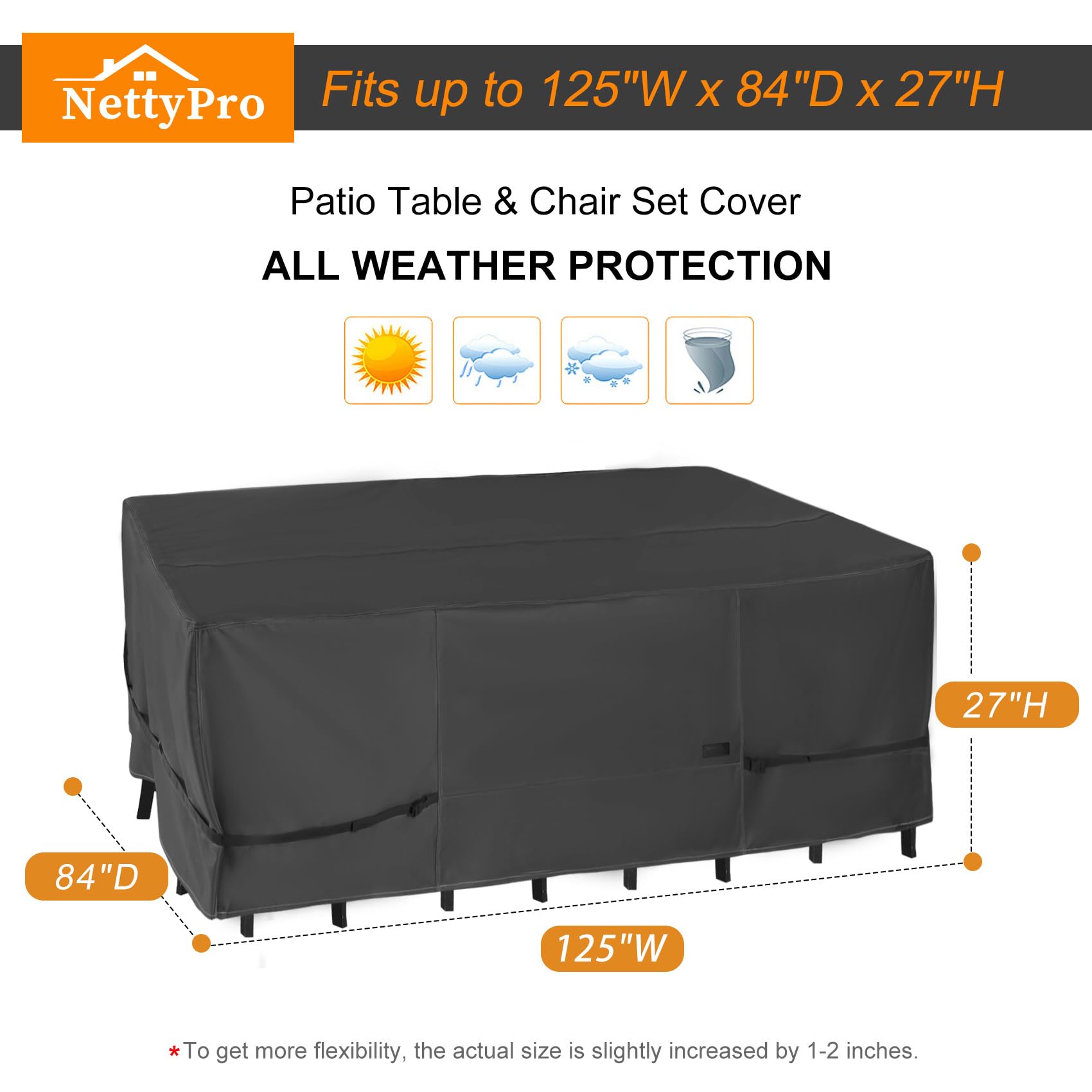 NettyPro dimensions image with tape measure showing 129 x 88 x 27 inch actual size