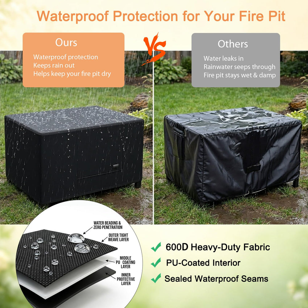 NettyPro cover installed on fire pit table outdoors, protects from rain and sun