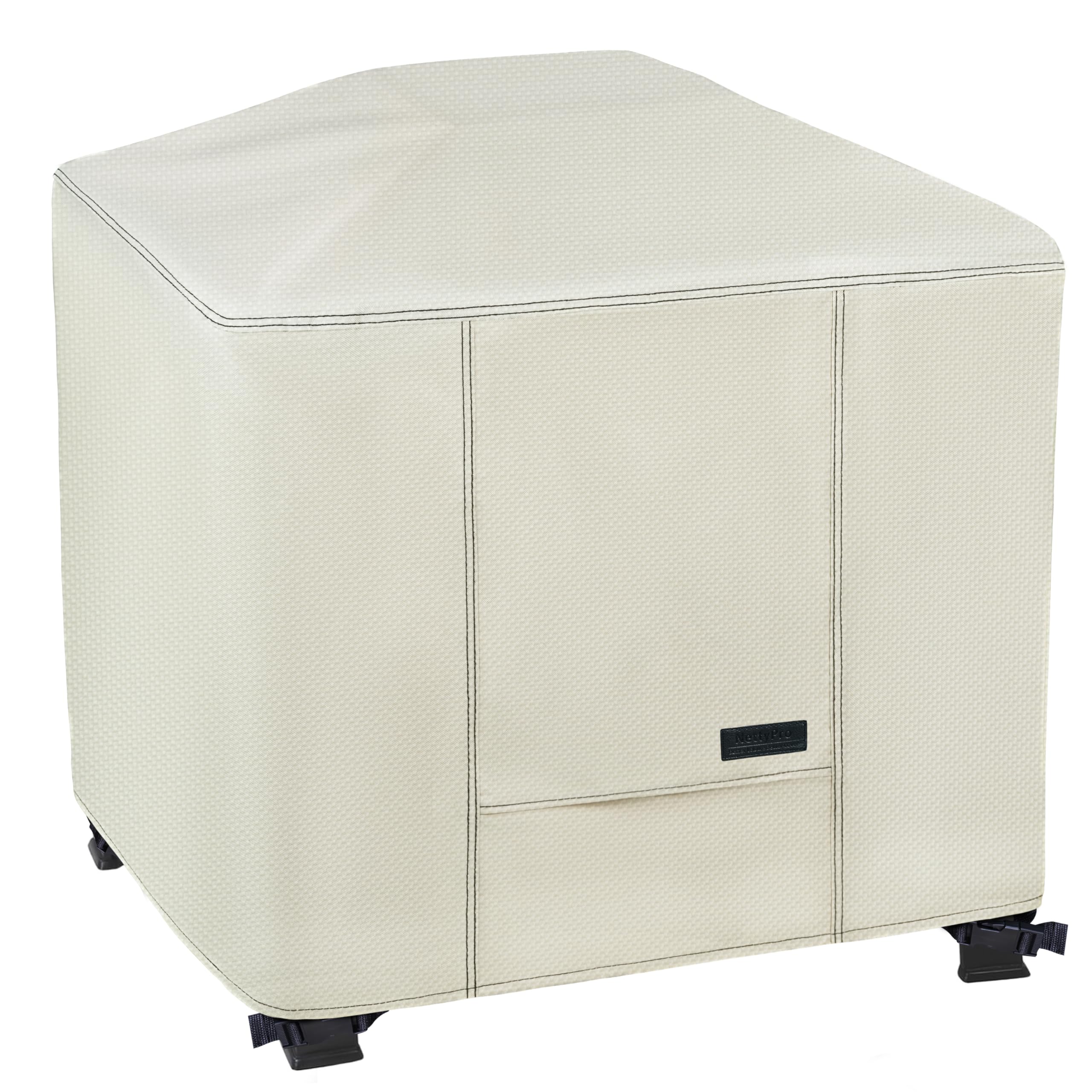 NettyPro front view of beige cover protecting square fire pit, shows full coverage benefit