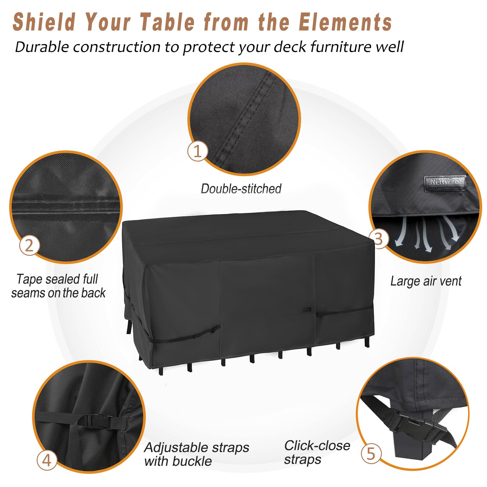 NettyPro cover in use on a patio table and chairs illustrating full coverage and neat fit
