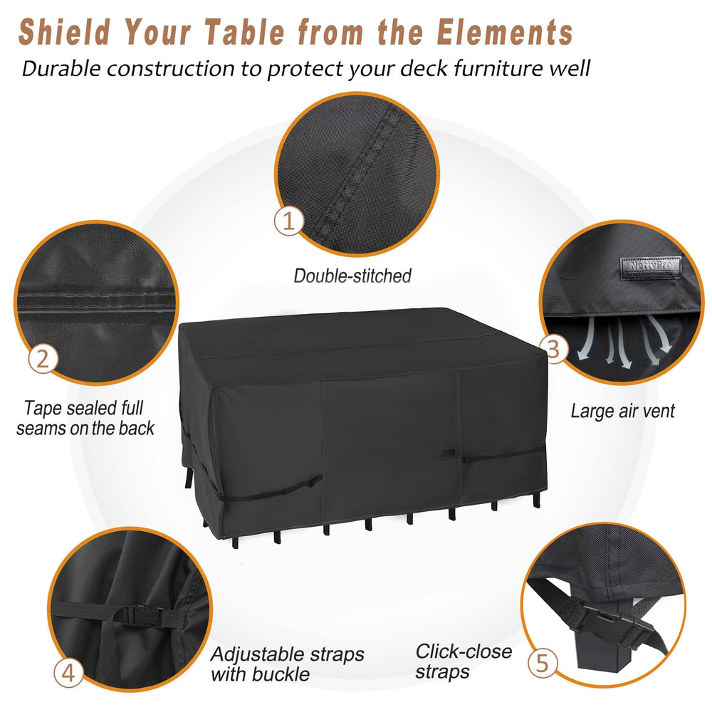 NettyPro cover in use on a patio table and chairs illustrating full coverage and neat fit