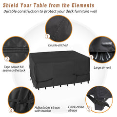 NettyPro cover in use on a patio table and chairs illustrating full coverage and neat fit