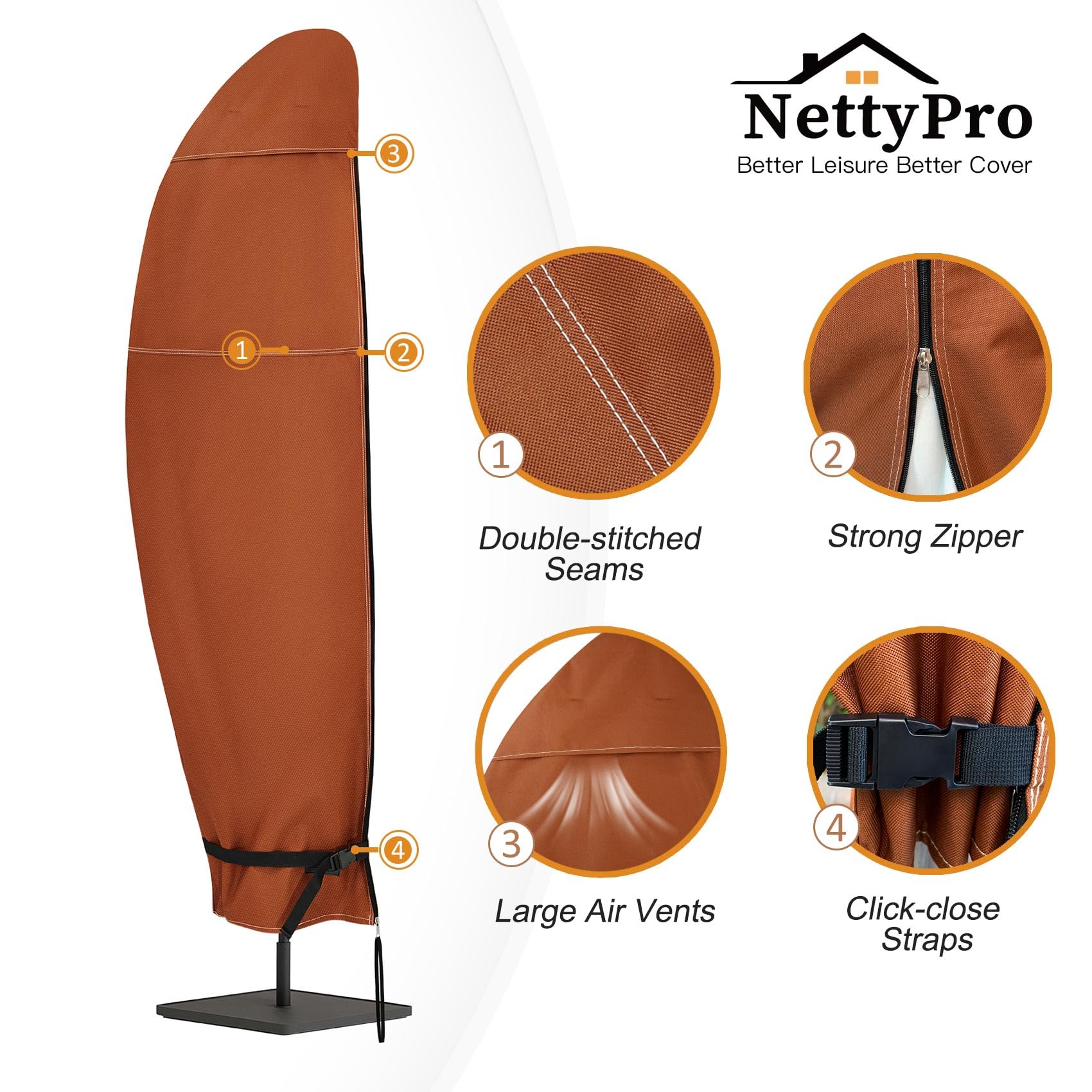 NettyPro cover installed on 12ft cantilever umbrella showing size compatibility