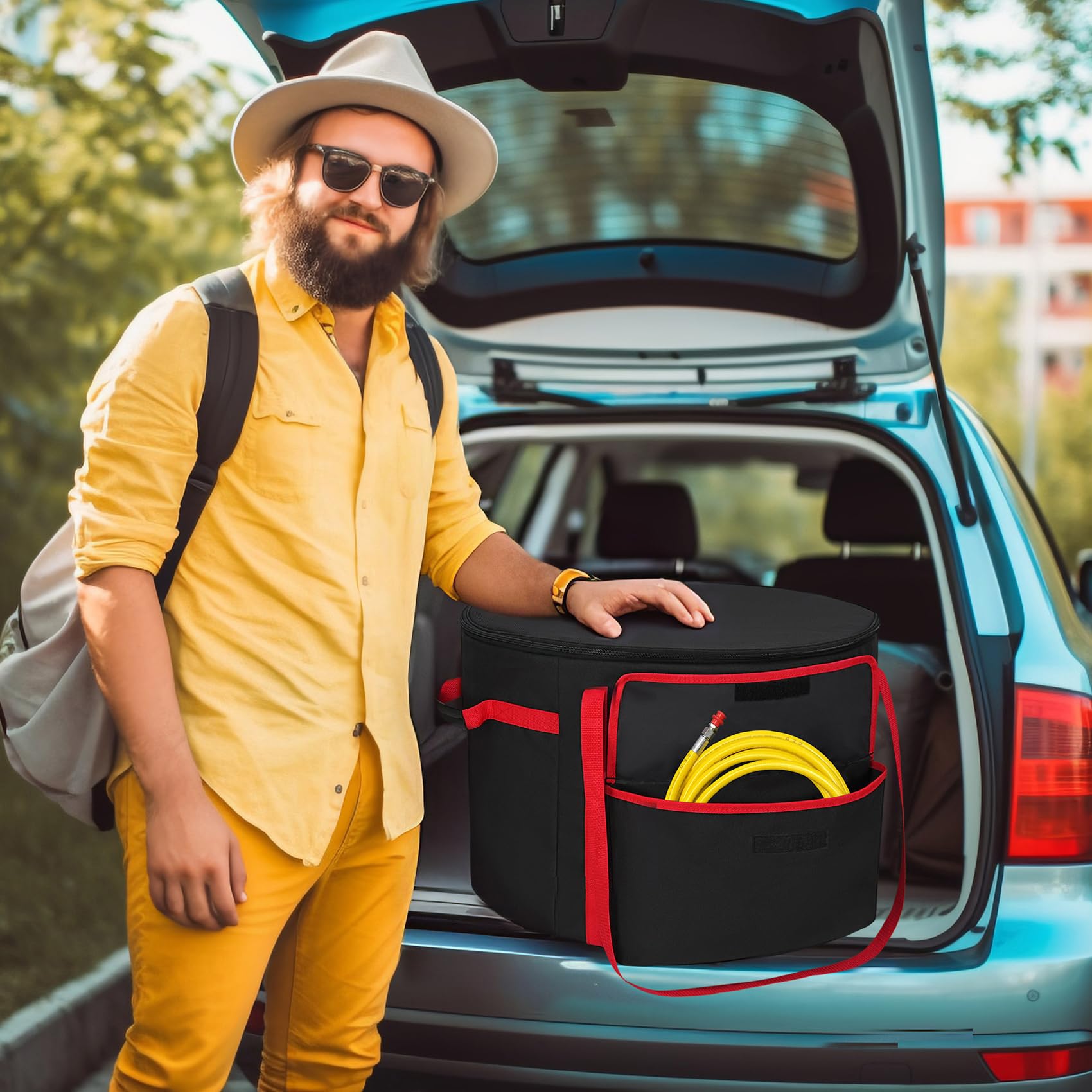 NettyPro bag beside campsite gear, demonstrates easy outdoor transport and storage