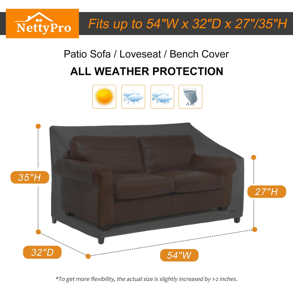 NettyPro covered loveseat on a deck demonstrating outdoor weather protection