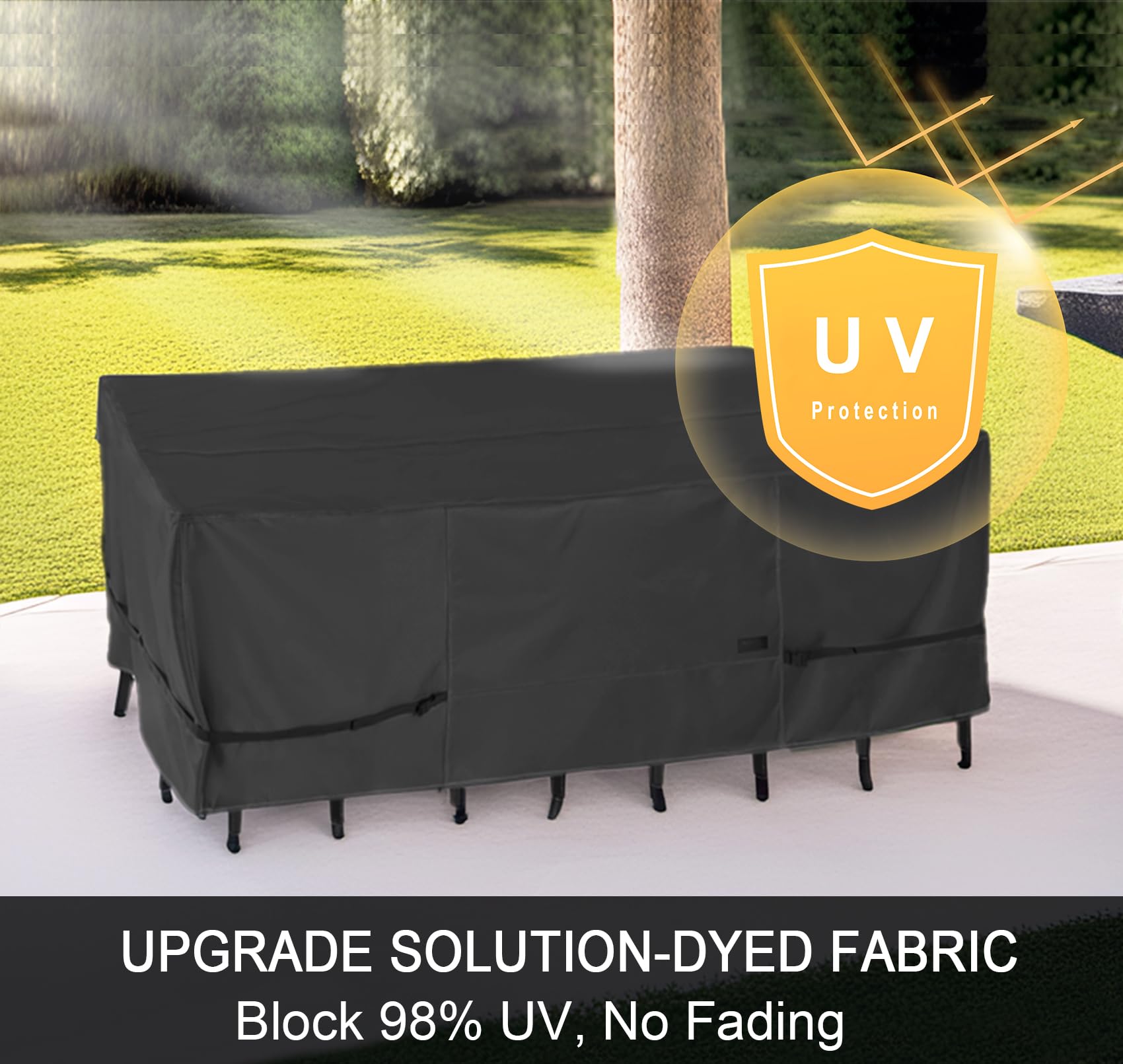 NettyPro straps and buckles securing cover to table legs to prevent wind lift