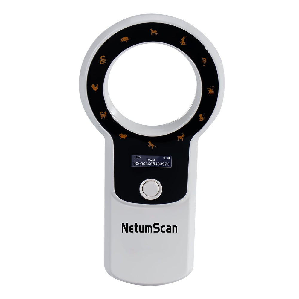 NetumScan front view showing compact portable scanner and readable display benefit