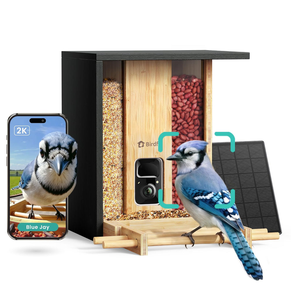 NETVUE Birdfy bamboo feeder front view showing camera and natural finish for better aesthetics