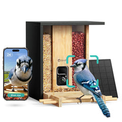 NETVUE Birdfy bamboo feeder front view showing camera and natural finish for better aesthetics