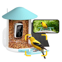NETVUE Birdfy feeder front view showing weatherproof design and bird access benefit