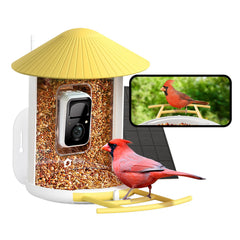 NETVUE birdfy feeder front view showing camera and tray, clear monitoring benefit
