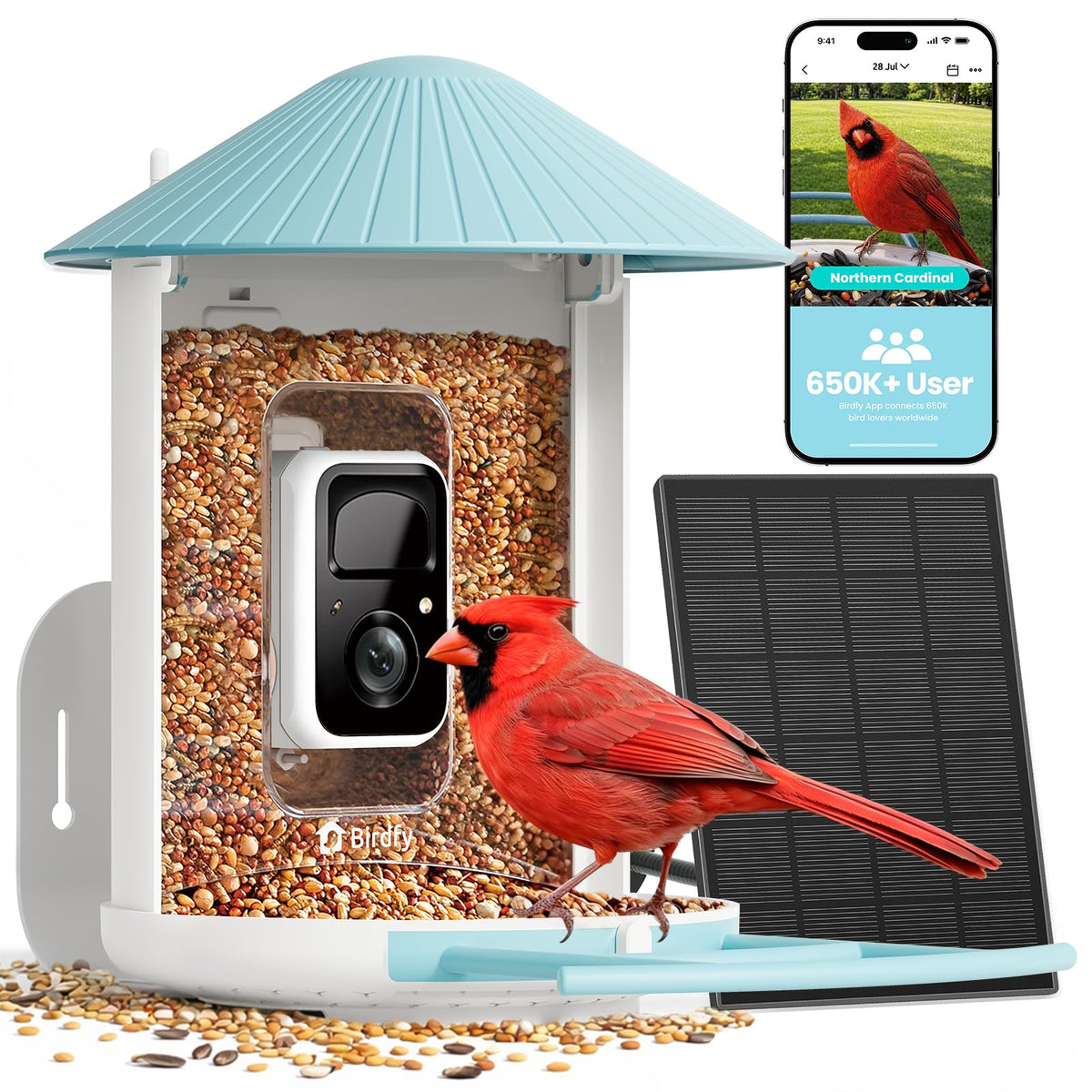 NETVUE by Birdfy front view showing feeder design and clear 2K camera benefit