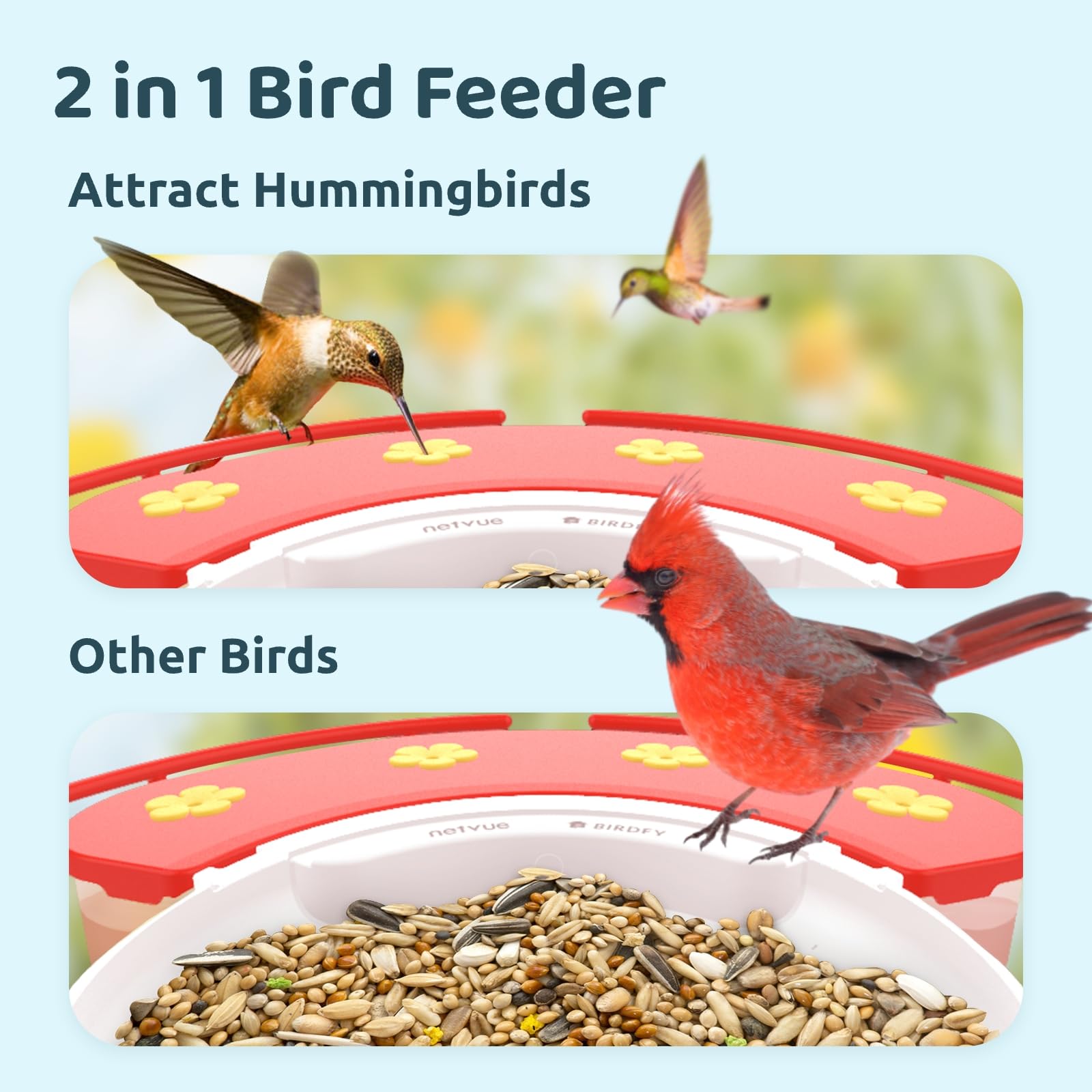 NETVUE red canopy and four bionic flowers attracting hummingbirds visually