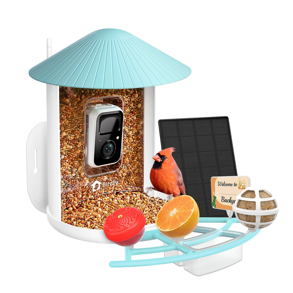 NETVUE Birdfy Pro front view showing camera and feeding port, encourages wildlife watching