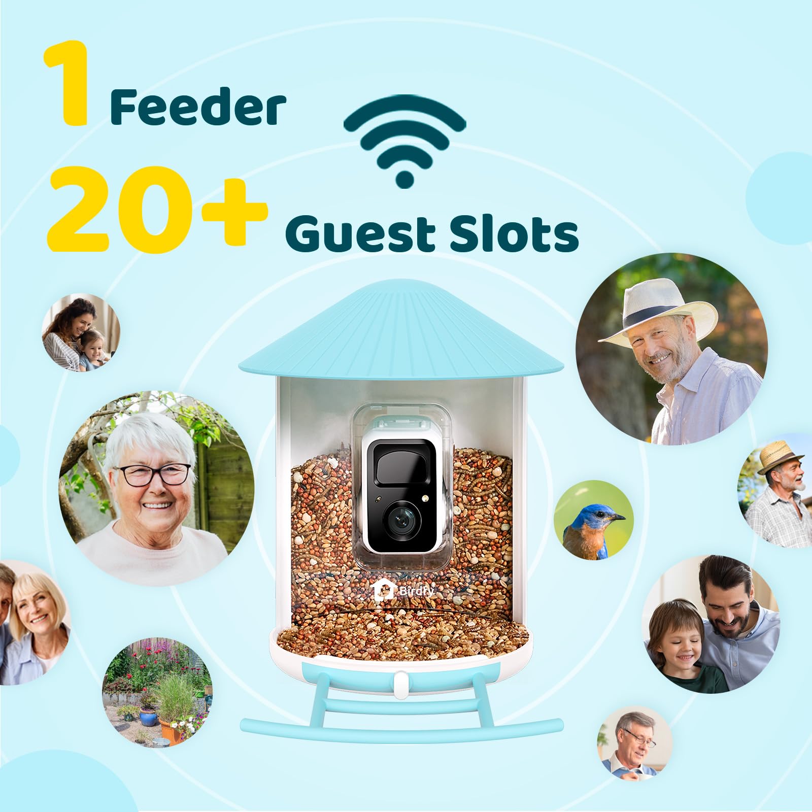 NETVUE Birdfy Pro large 1.5L hopper open to show seed capacity and weatherproof benefit