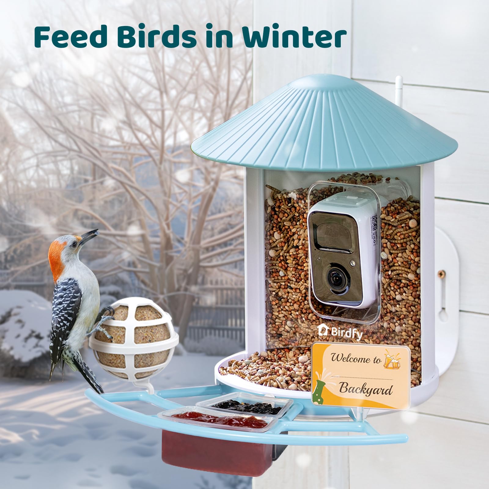 NETVUE Birdfy Pro arranged with jelly feeder to entice orioles and fruit-eating birds