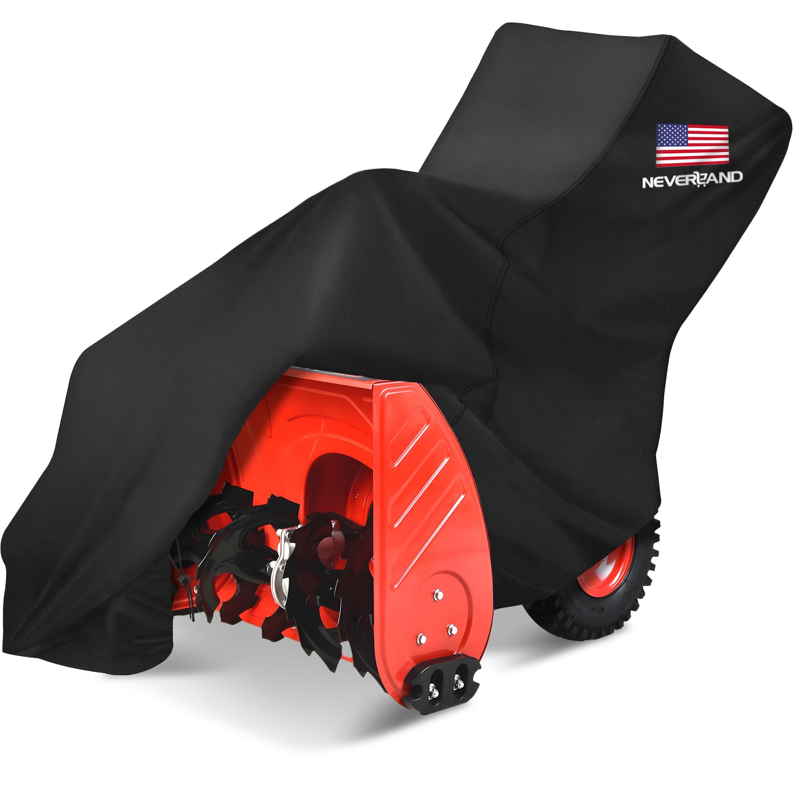 NEVERLAND front view of covered snow blower showing full weather protection benefit