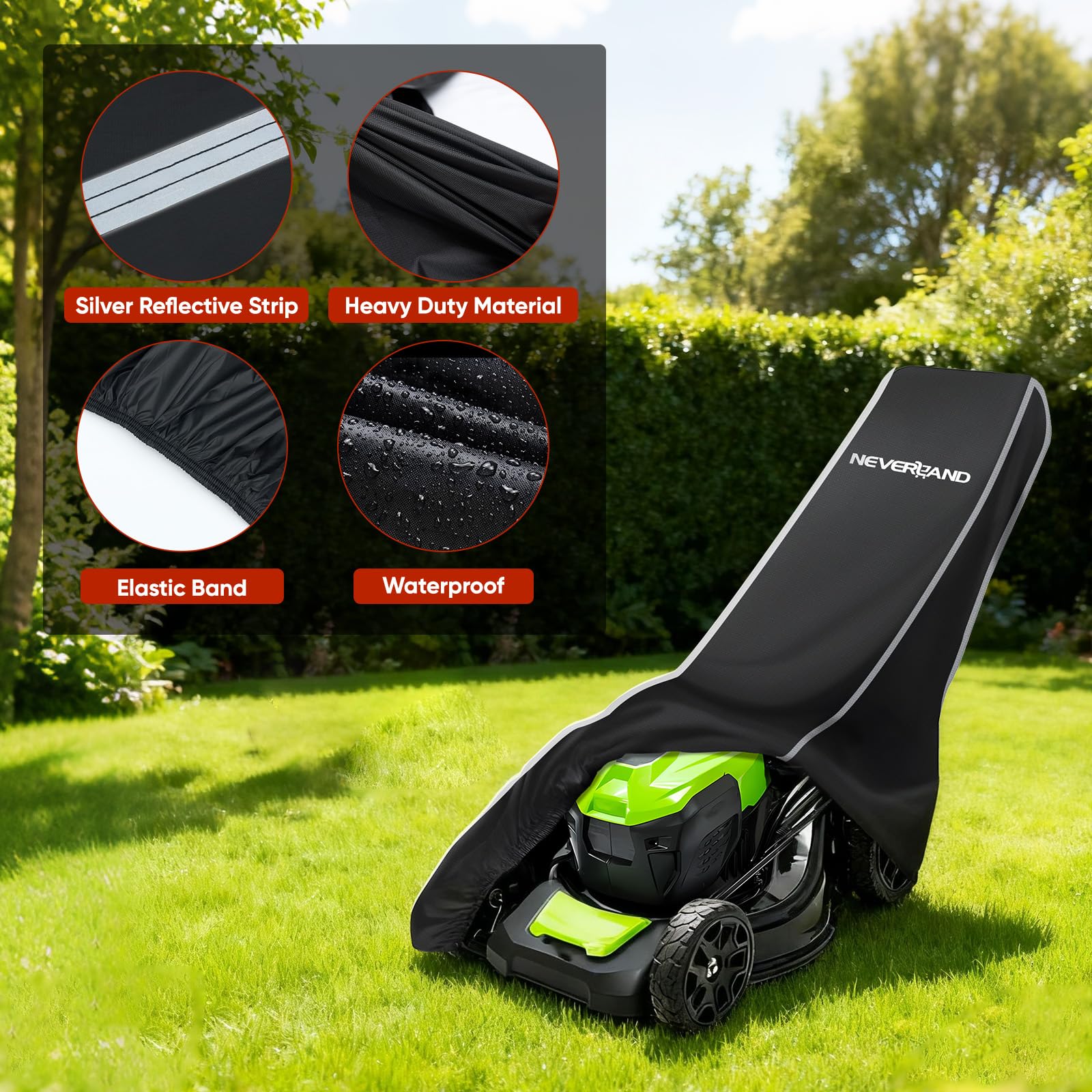 NEVERLAND cover beside a 22-inch mower for size and fit reference
